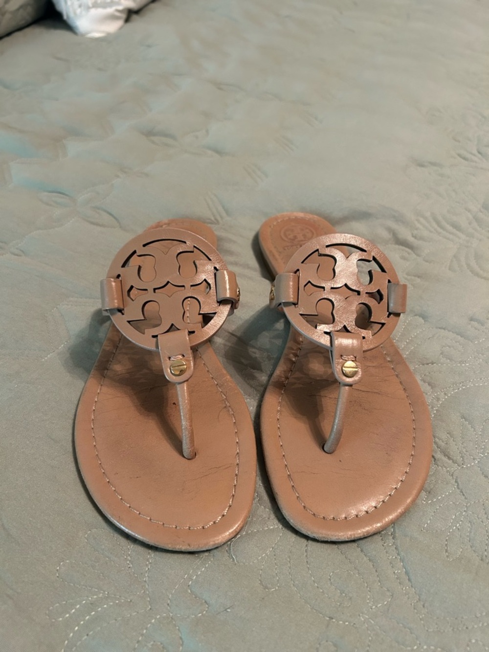 Tory Burch Metallic Nude Miller Logo Thong Sandals
